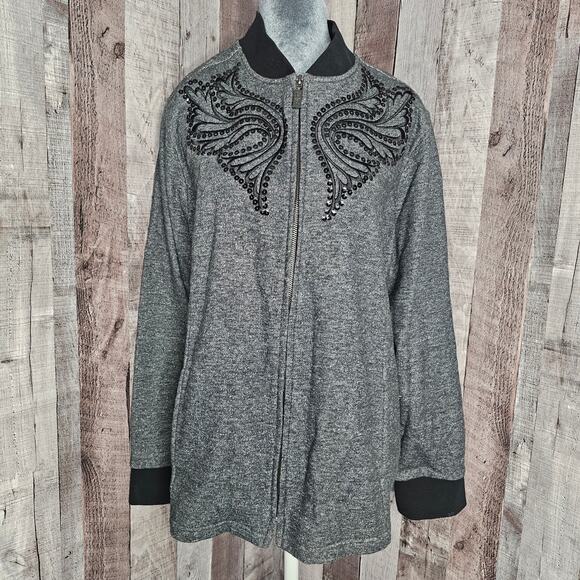 Bob Mackie Wearable Art Black Sequine Wings Gray Full Zip Jacket Women's XL Gift - Picture 1 of 8